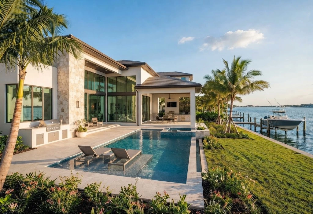 Luxury waterfront home exterior with pool in Sarasota Florida